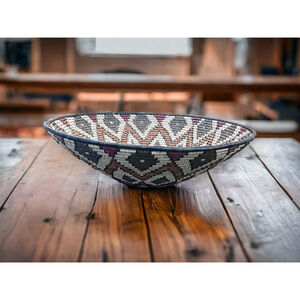 Handwoven Vintage Round Artisan Made Basket Diamond Pattern Vintage BOHO Decor